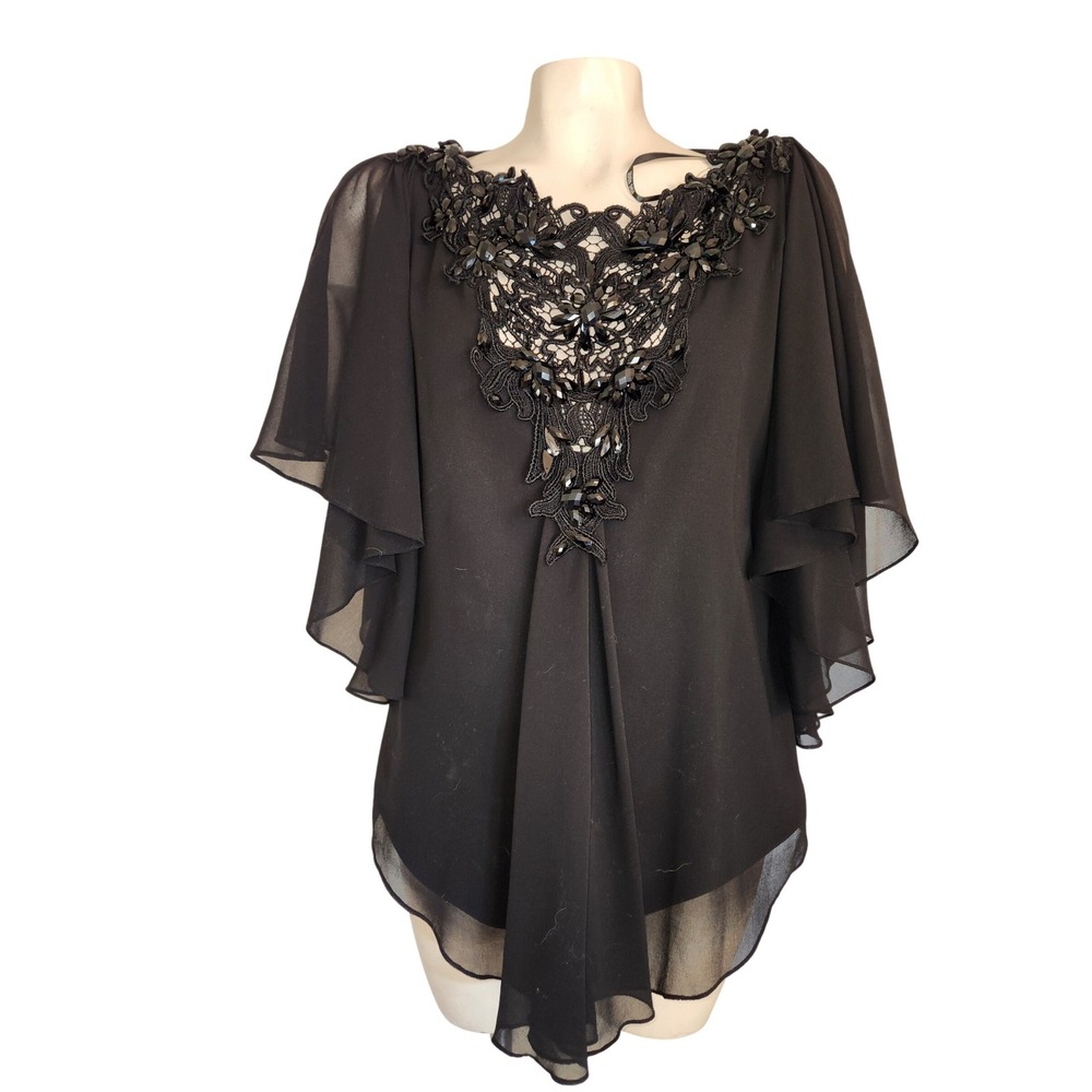Tadashi Shoji Black Beaded Lace Chiffon Blouse Flutter Sleeve Size 2
XS/S Luxury